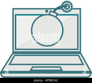 monochrome contour of laptop computer with virus bomb on screen Stock Vector