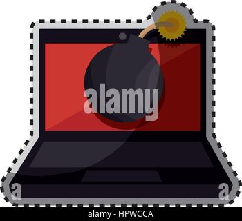 sticker color silhouette of laptop computer with virus bomb on screen Stock Vector
