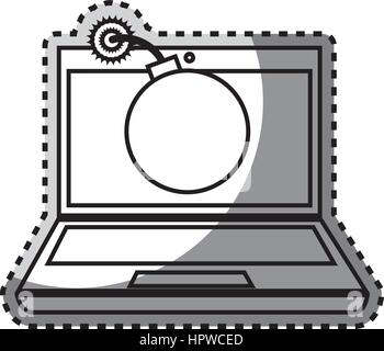 monochrome contour sticker of laptop computer with virus bomb on screen Stock Vector