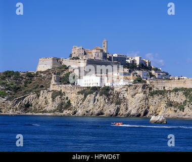 View of Old Town and Dalt Vila from harbour, Eivissa, Ibiza, Balearic Islands, Spain Stock Photo