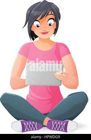 Young woman with tablet computer. Vector illustration. Stock Vector