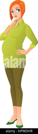 Beautiful pregnant redhead woman thinking. Vector illustration. Stock Vector