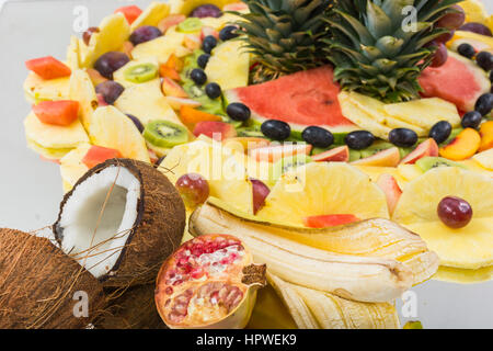 compositions of fresh fruit cut for buffets. typical summer fruits of Sicily, refreshing and healthy. Stock Photo