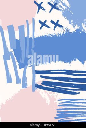 Hand drawn abstract composition in blue, purple and pastel pink. Modern textile, greeting card, poster, wrapping paper designs. Stock Vector