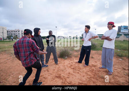 Libya, Tripli: Young guys practising parkour moves. Stock Photo