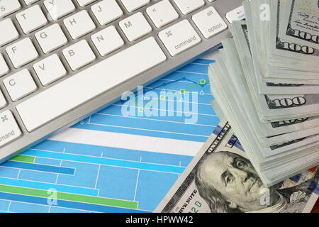 Keyboard, money and and business charts on a table. Stock Photo