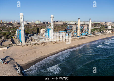 Los Angeles, California, USA - August 16, 2016:  Aerial view of power generating facility near Dockweiler state beach. Stock Photo