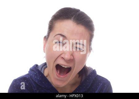 Young girl yawning after busy day isolated on white Stock Photo