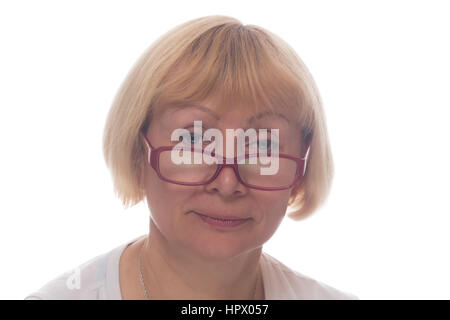 oldery woman in glasses isolated on white background Stock Photo