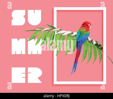 Tropical summer art with jungle nature decoration and colorful parrot bird inside frame. Palm tree leaves background, exotic plant in modern graphic f Stock Vector