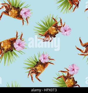 Tropical seamless pattern print with exotic summer nature decoration. Includes beach crab, hibiscus flowers and palm leaves. Stock Vector
