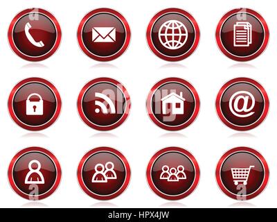 Social media red glossy metal internet vector icons set with reflections on white background. Stock Vector