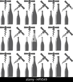 bottle wine and corkscrew seamless pattern design Stock Vector