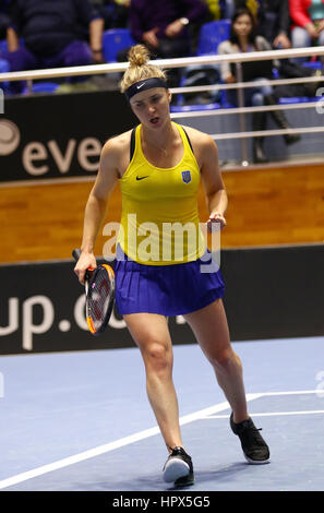 KHARKIV, UKRAINE - FEBRUARY 11, 2017: Elina SVITOLINA of Ukraine reacts after won the ball during BNP Paribas FedCup match against Ashleigh BARTY of A Stock Photo