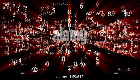 burst set of random numbers glowing red rays on a black background Stock Photo