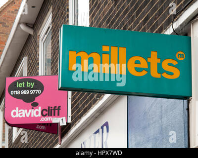 Millets sign over store, outdoor clothing and camping retailer Stock Photo