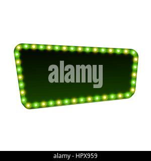 Blank 3d retro light sign with shining bulbs isolated on white background. Green street signboard with yellow and green marquee lights and dark backdrop. Advertising frame Colorful vector illustration Stock Vector