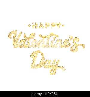 Happy Valentine's Day hand lettering, with golden glitter texture effect isolated on white background. Bright vector illustration for Valentine's day card, banner or poster design. Stock Vector