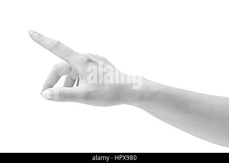 black and white closeup shot of a female's hand pushing pressing a virtual button, isolated on white background. Stock Photo