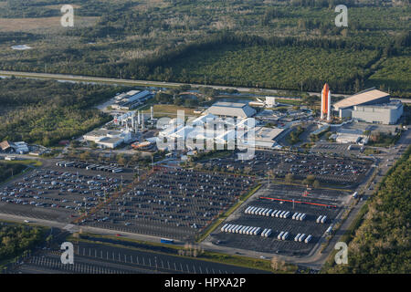 CAPE CANAVERAL, ORLANDO, FL - FEBRUARY 17, 2017: Aerial view of the whole complex of NASA. Kennedy Space Center Museum Stock Photo
