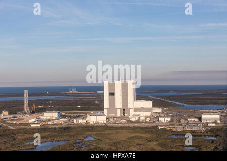 CAPE CANAVERAL, ORLANDO, FL - FEBRUARY 17, 2017: Aerial view of the whole complex of NASA. Vehicle Assembly Building is used to assemble large America Stock Photo