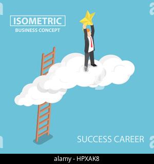 Isometric businessman climbing up over the cloud and reaching hands to the star, business success concept Stock Vector