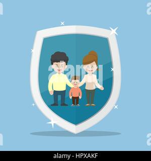 Family Character Inside The Insurance Shield, Family Life Insurance Services Concept Stock Vector
