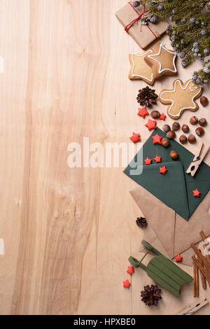New Year and Christmas background with handmade gifts, Top view, copy space. Stock Photo