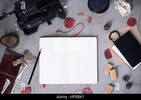Money saving, budget planner background. Mechanical calculator, cash dollars and euro coins. Top view, copy space. Stock Photo
