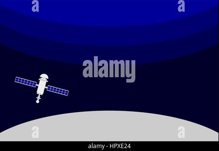 Satellite in space orbiting the planet on a blue background. Orbital space station. Global communication, wireless communication, transfer data.Vector Stock Vector