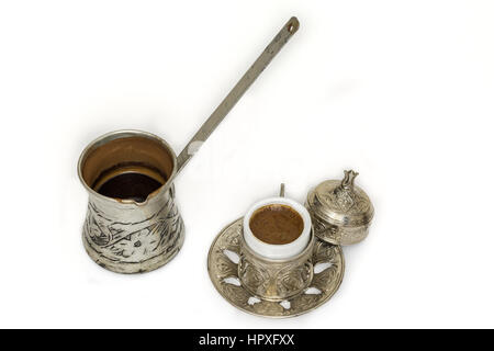 Turkish coffee and coffee pot on white background Stock Photo