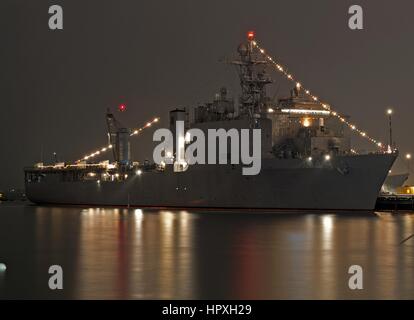 Amphibious dock landing ship USS Harpers Ferry (LSD 49) displays holiday lights during the Holiday Lights Open House, San Diego, California, 2012. Image courtesy US Navy. Stock Photo