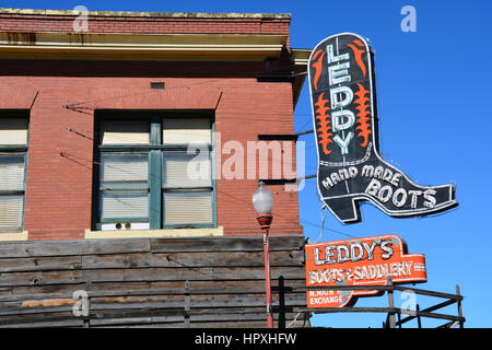 Leddy's is famous for producing handmade boots and saddles in Texas since 1922 and has kept a store in the Fort Worth Stockyard District since 1941. Stock Photo