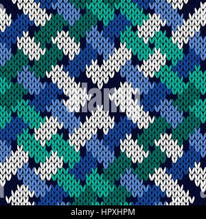 Interlacing knitting seamless vector pattern in blue, white and turquoise hues as a fabric texture Stock Vector