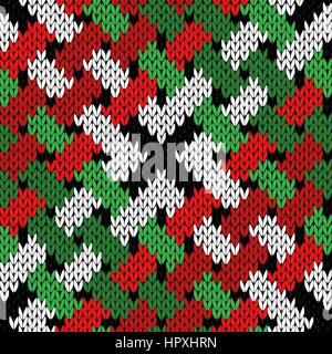 Interlaced knitting seamless vector pattern in green, white, red and black colors as a fabric texture Stock Vector