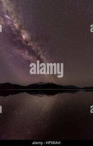 Night Scene, Wanaka lake with stars and Milky Way, stars mirroring in the water, Glendhu Bay, Otago, Southland, New Zealand Stock Photo