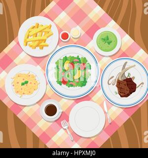 Different plates of food on table illustration Stock Vector