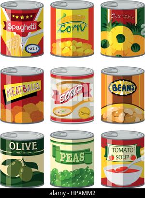 Different types of food in can illustration Stock Vector