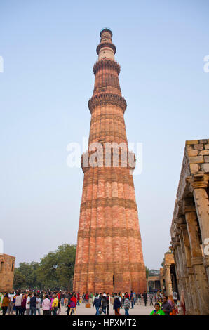 Qutub Minar tallest brick minaret in world with steps leading to top. Stock Photo
