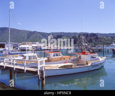 Fishing boats in harbour, Picton, Queen Charlotte Sound, Marlborough Sounds, Marlborough Region, South Island, New Zealand Stock Photo