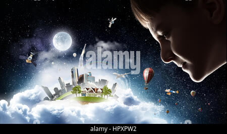 Profile image of cute boy and night sky background Stock Photo - Alamy