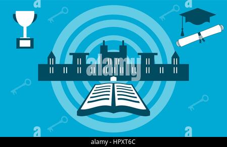 College building with open book, gold cup, diploma and graduation cap. The key to success, power of knowledge, learning. Education goals concept. Stock Vector