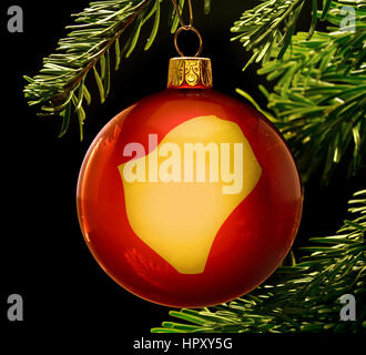 A red bauble with the golden shape of  Burundi hanging on a christmas tree isolated on black.(series) Stock Photo