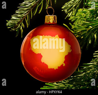 A red bauble with the golden shape of  Lithuania hanging on a christmas tree isolated on black.(series) Stock Photo