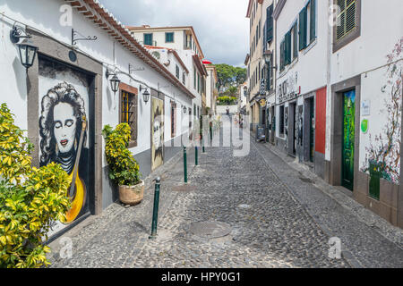 Arte de Portas Abertas, painted on the doors of Tv. das Torres, Funchal's Old Town, Madeira, Portugal. Stock Photo