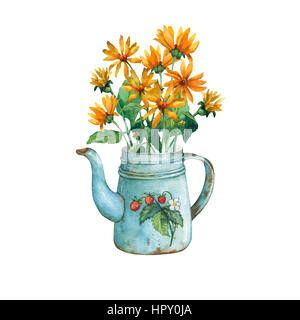 Vintage blue metal teapot with strawberries pattern and bouquet of yellow flowers. Hand drawn watercolor painting on white background. Stock Photo