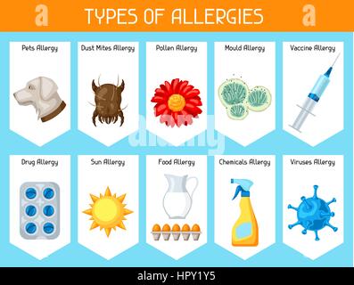 Types of allergies. Background with allergens and symbols. Vector illustration for medical websites advertising medications Stock Vector