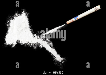 A powder drug like cocaine in the shape of Eritrea with a rolled money bill.(series) Stock Photo