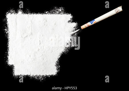 A powder drug like cocaine in the shape of Arkansas with a rolled money bill.(series) Stock Photo