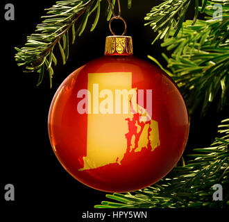 A red bauble with the golden shape of  Rhode Island hanging on a christmas tree isolated on black.(series) Stock Photo
